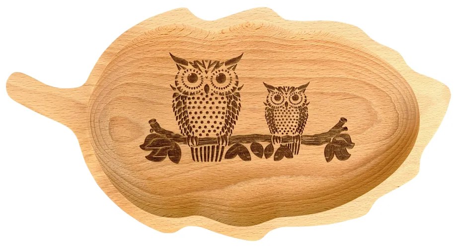 AMADEA Drevená miska v tvare listu, sova, masívne drevo, 34 cm