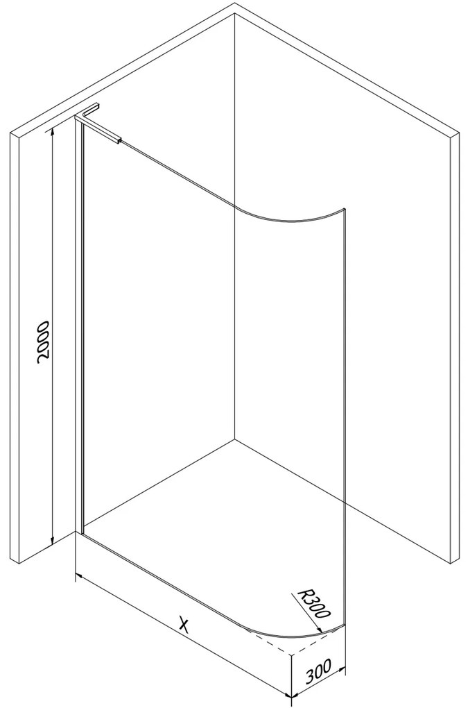 Mexen Kioto L, sprchová zástena Walk-In 120 x 200 cm, 8mm číre sklo, čierny profil, 800-120-103-70-06