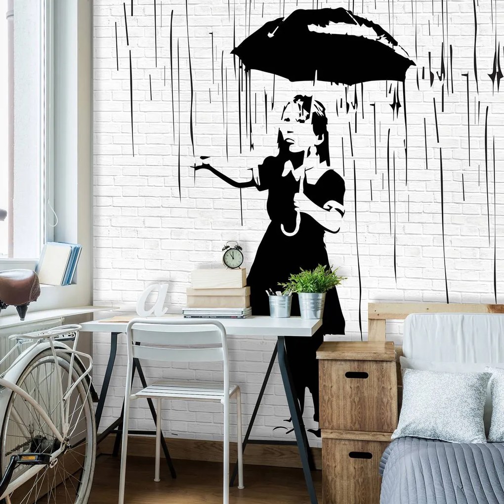 Fototapeta - Dievča s dáždnikom v daždi (152,5x104 cm)