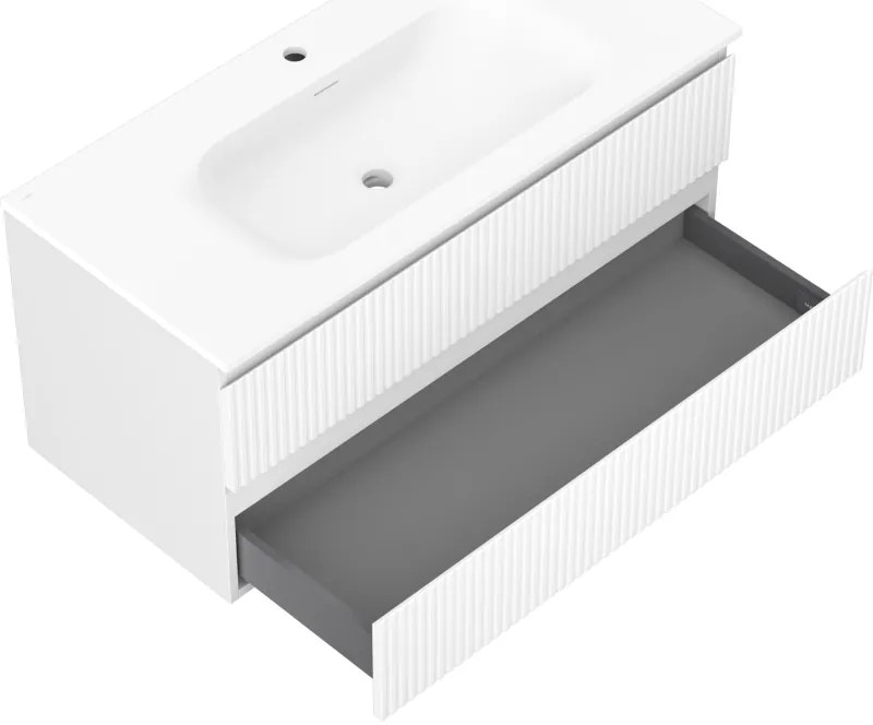 Mexen Rivel, kúpeľňová skrinka 100 cm s umývadlom Vela, 2 zásuvky, drážkovaná, biela matná, 91A20-10047-2-BFF01-W23M01