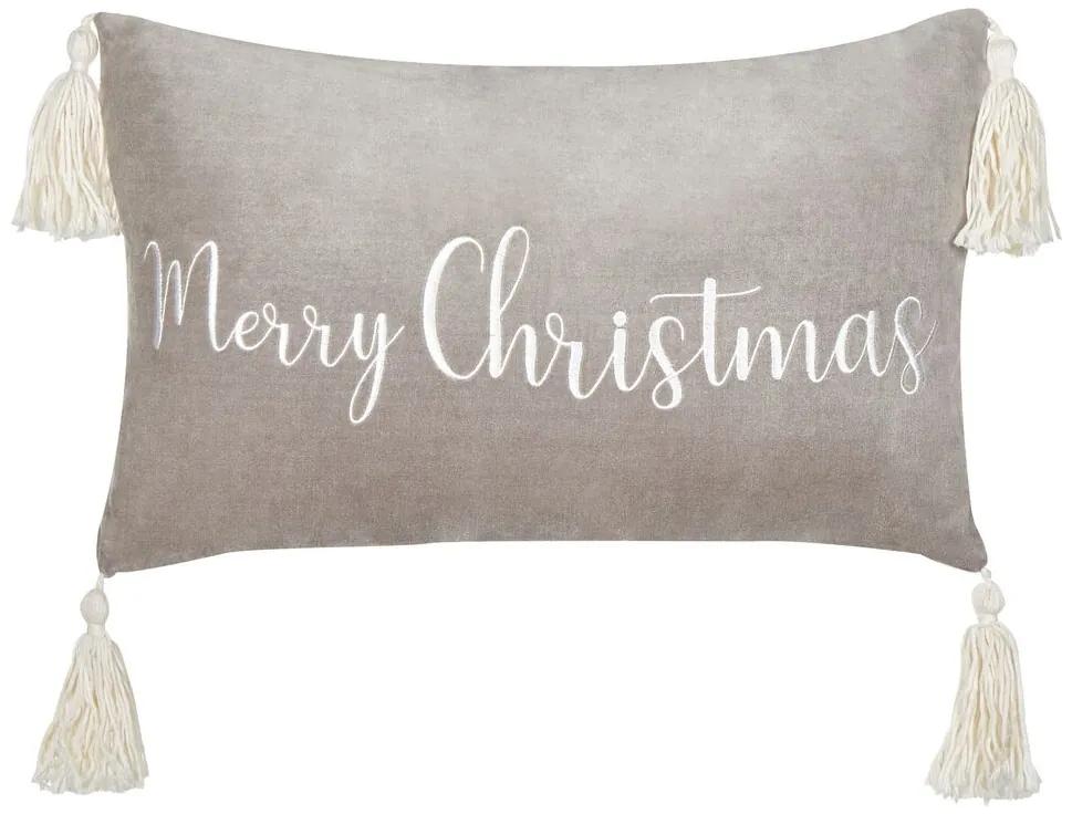 Zamatový vankúš s vianočným motívom a strapcami 30 x 50 cm sivý LITHOPS Beliani