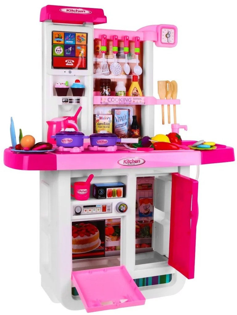 Ružová detská kuchynka 3+ interaktívne horáky + vodovodný kohútik + audio panel + príslušenstvo