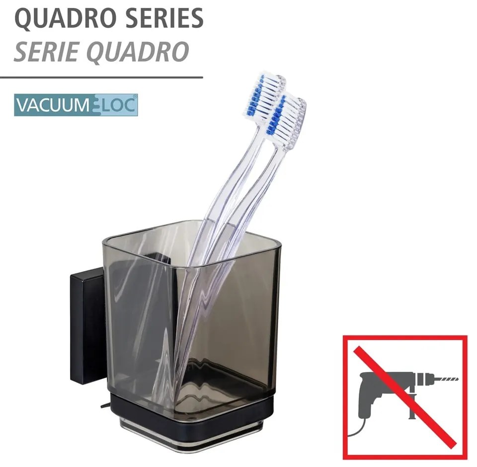 Čierny samodržiaci plastový téglik na zubné kefky Quadro – Wenko