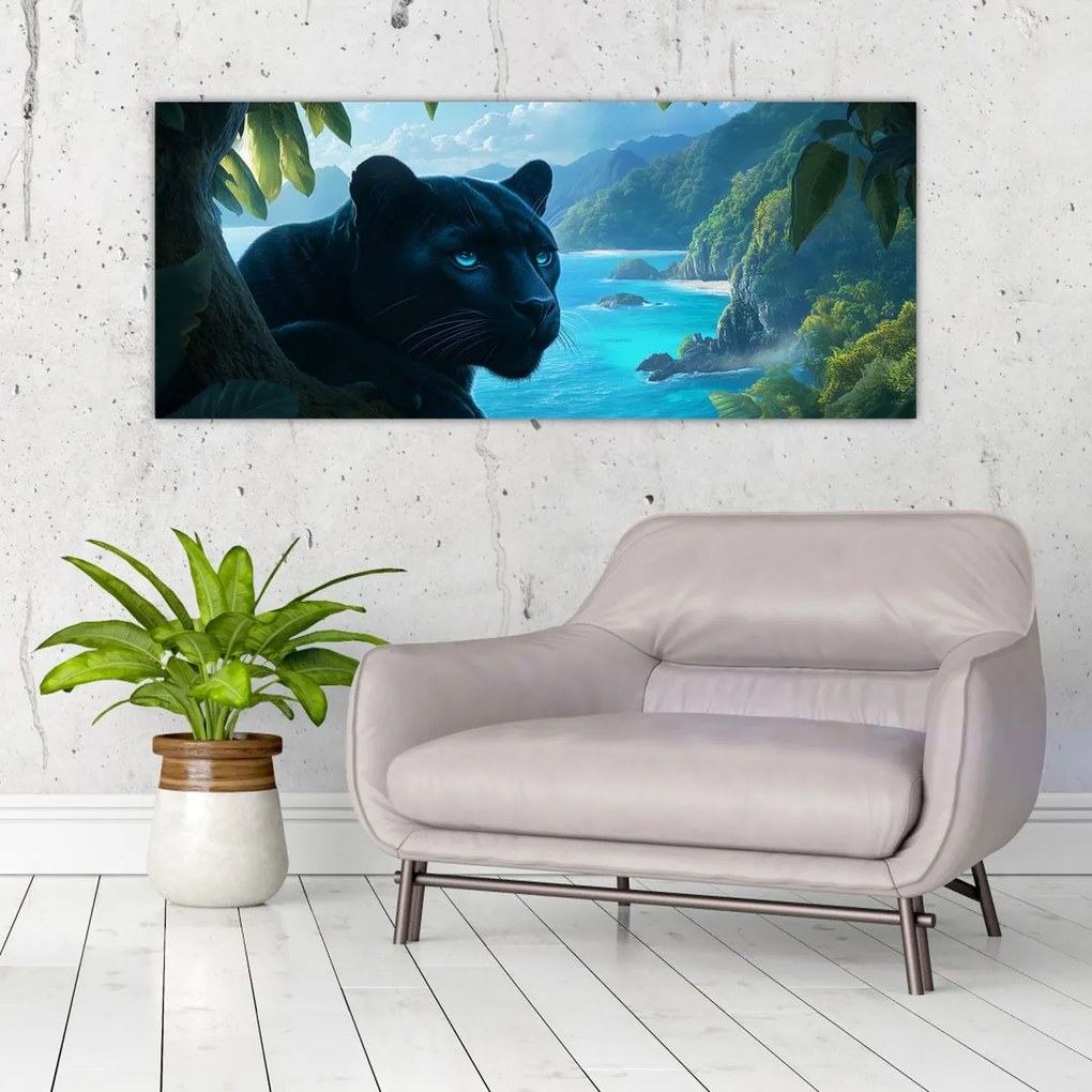 Obraz - Čierny panter v džungli (120x50 cm)