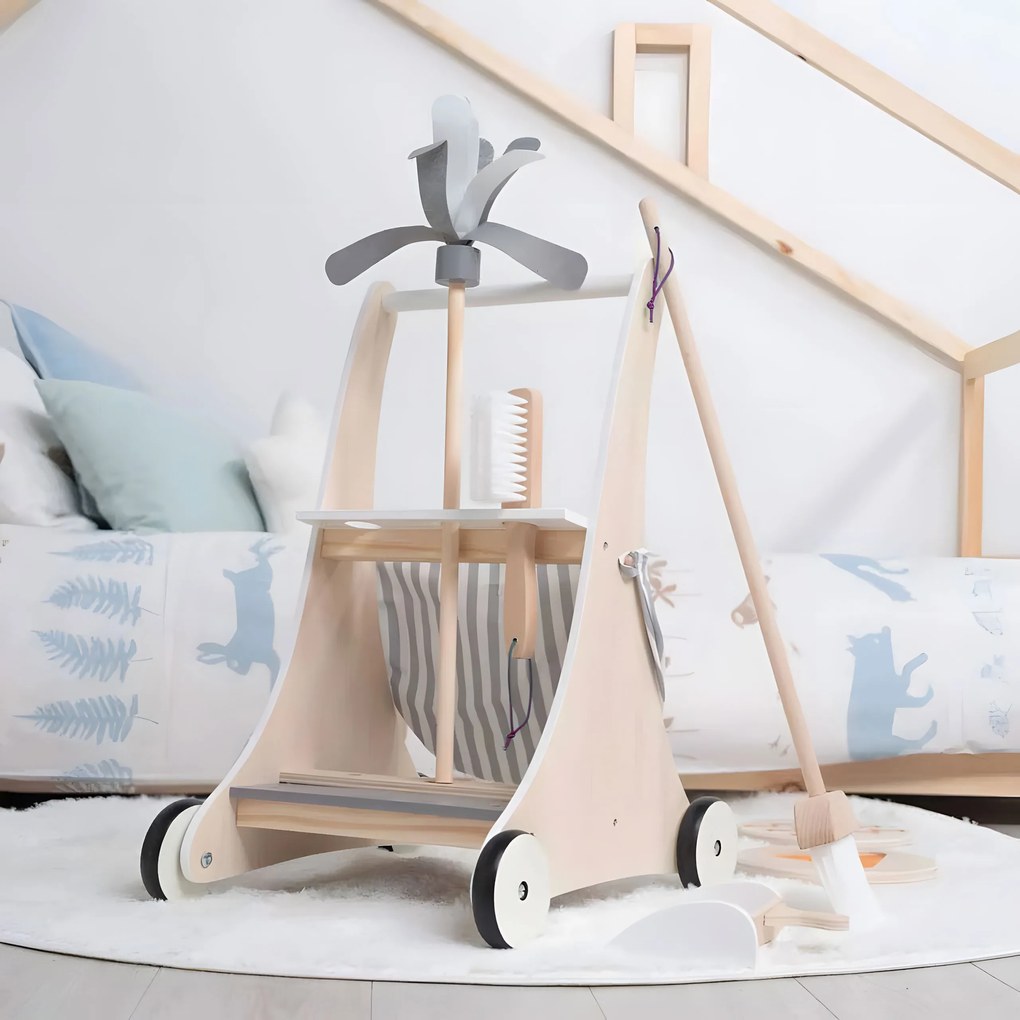 Detský drevený vozík na upratovanie, béžový, ECOTOYS