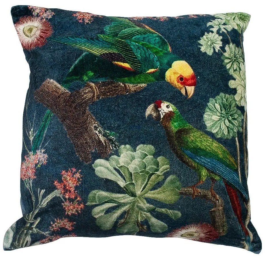 Petrolejový zamatový vankúš s papagájmi - 45 * 45 * 15cm