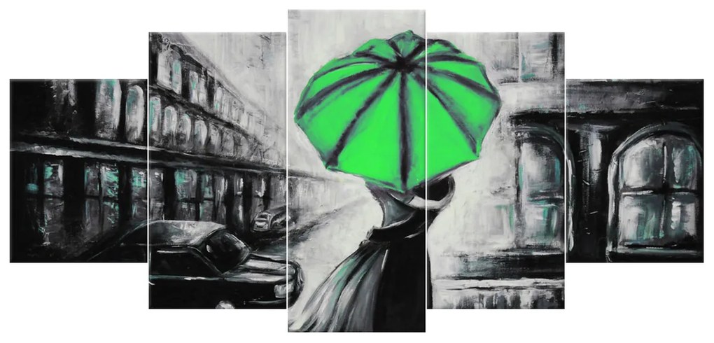 Gario Ručne maľovaný obraz Zelený bozk v daždi - 5 dielny Rozmery: 100 x 70 cm