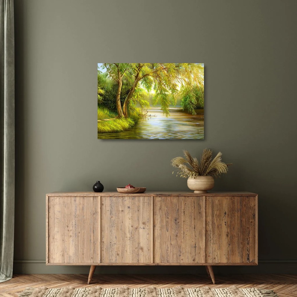 Sklenený obraz - Vŕba pri jazere, olejomaľba (70x50 cm)