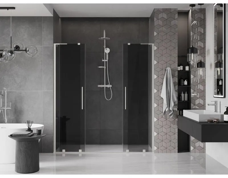 Mexen Velar L Duo, posuvné sprchové dvere do otvoru 200 cm, 8mm šedé sklo, brúsená oceľ, 871-200-003-42-97