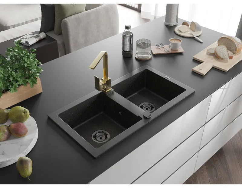 Mexen Mario, granitový drez 820x436x161 mm, 2-komorový, čierna-zlatá metalíza s čiernym sifónom a zlatá drezová batéria Rita, 6504-75-670300-50-B