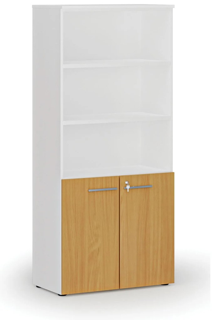 Kombinovaná kancelárska skriňa PRIMO WHITE, dvere na 2 poschodia, 800 x 420 x 1781 mm, biela/buk