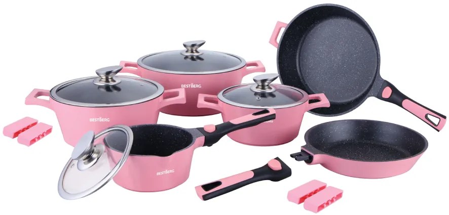 BestBerg BBN-1014P 14-dielna prémiová súprava riadu s nepriľnavým mramorovým povrchom / ružová