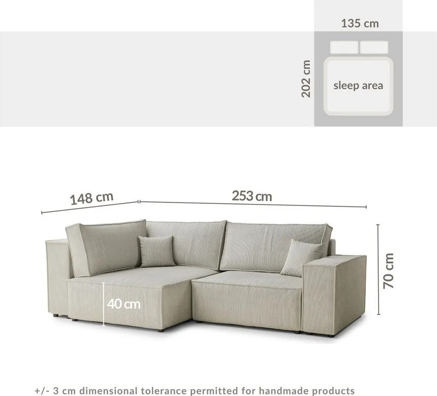 Krémovobiela menčestrová rozkladacia/s úložným priestorom rohová pohovka (ľavý roh/do L) Tonga – Maison de Rêve