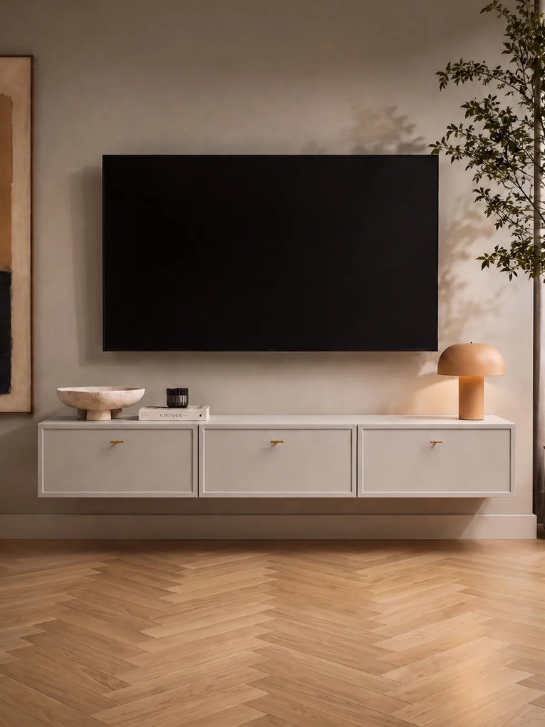 Závesná TV skrinka so zásuvkami Lorini 200 cm - kašmír / zlaté úchytky T-bar
