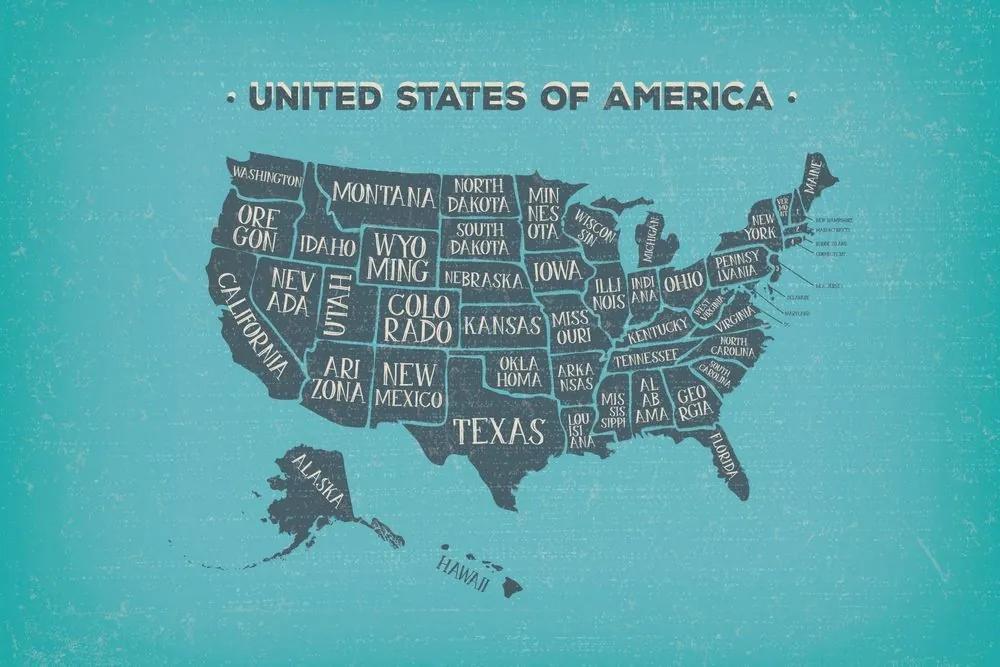 Samolepiaca tapeta náučná mapa USA s modrým pozadím - 150x100