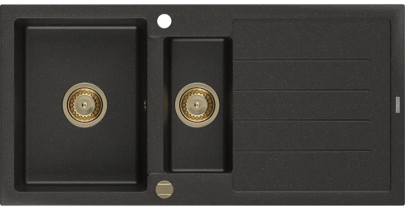Mexen Andres, granitový drez 1000x500x200 mm, 1,5-komorový, čierna so zlatou metalízou a zlatým sifónom, 6515101510-75-G