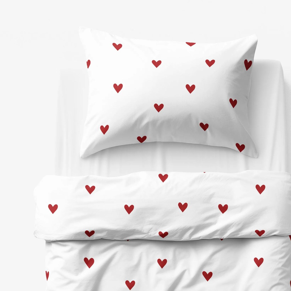 Goldea detské bavlnené obliečky - červené srdiečka na bielom 140 x 200 a 70 x 90 cm