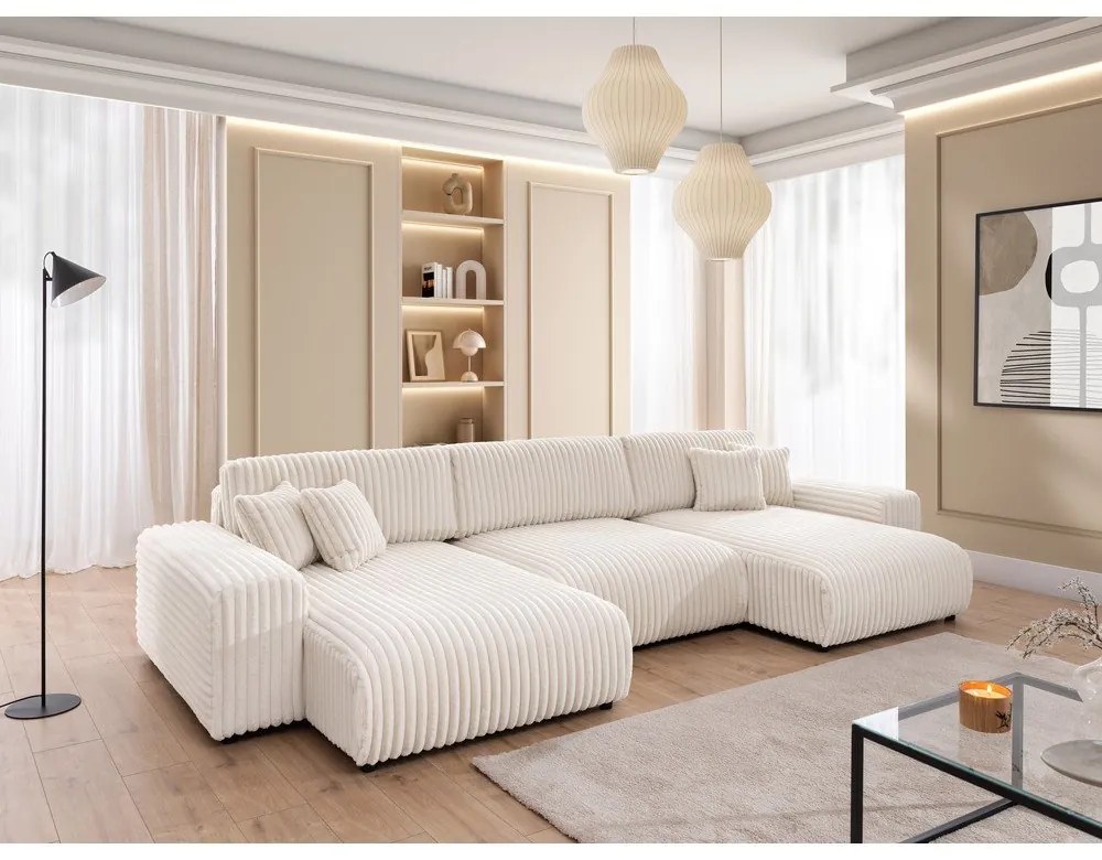 Krémová menčestrová rozkladacia/s úložným priestorom rohová pohovka (do tvaru "U") Sarina – Ropez