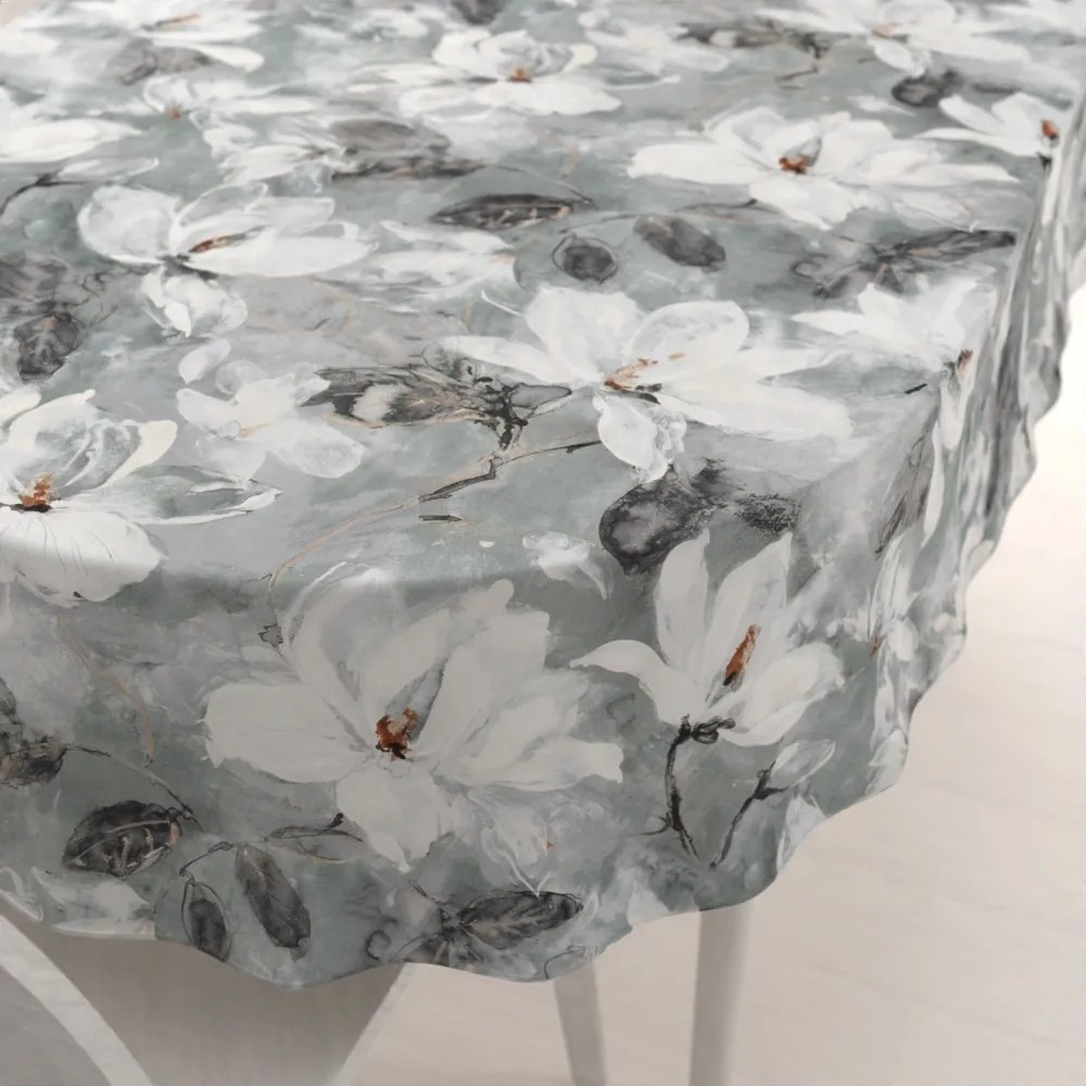 Biante Zamatový oválny obrus Tamara TMR-016 Designové kvetiny na sivozelenom 140x180 cm