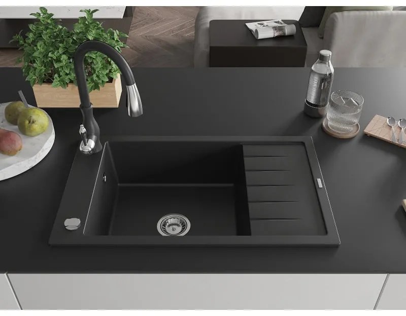 Mexen Elias, 1-komorový granitový drez 795x480x200 mm a drezová batéria Savita, čierna, 6511-77-672601-70