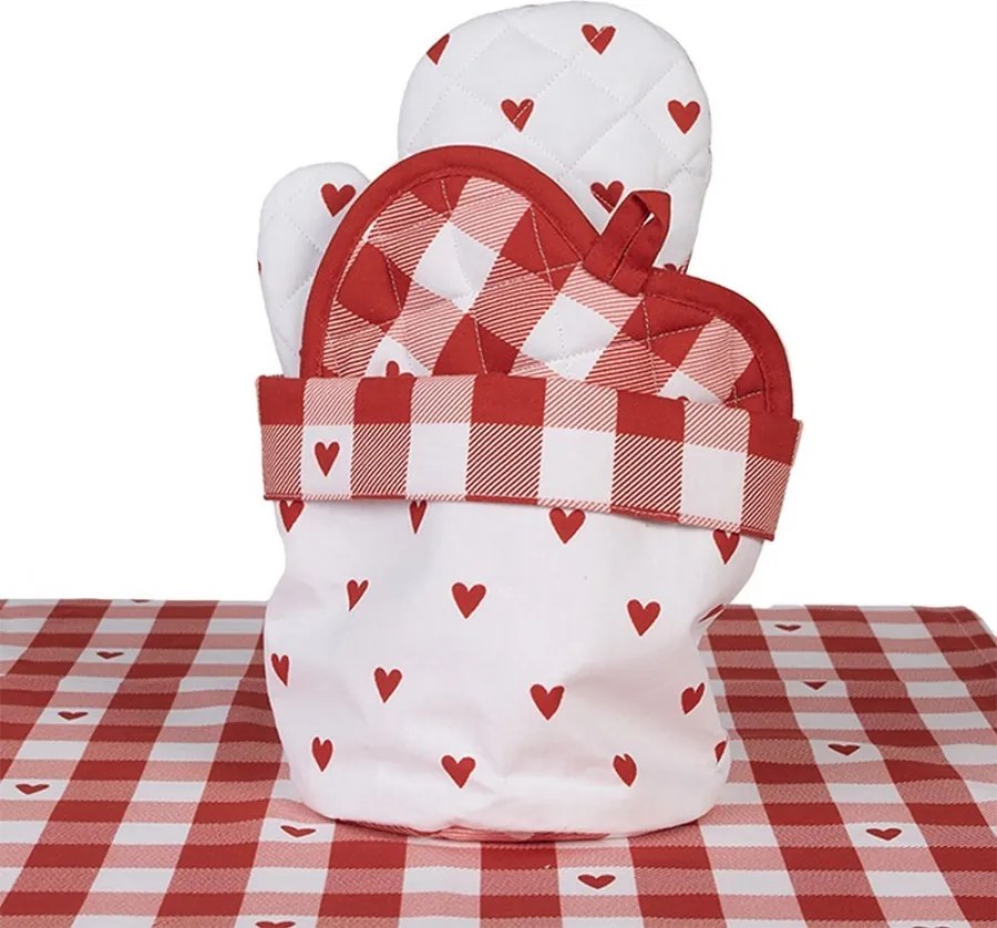 Bielo-červený károvaný košík na pečivo so srdiečkami Love It - Ø 15*16 cm