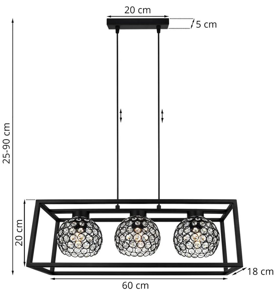 Závesné svietidlo Crystal Cage, 3x čierne krištáľové tienidlo v kovovom ráme
