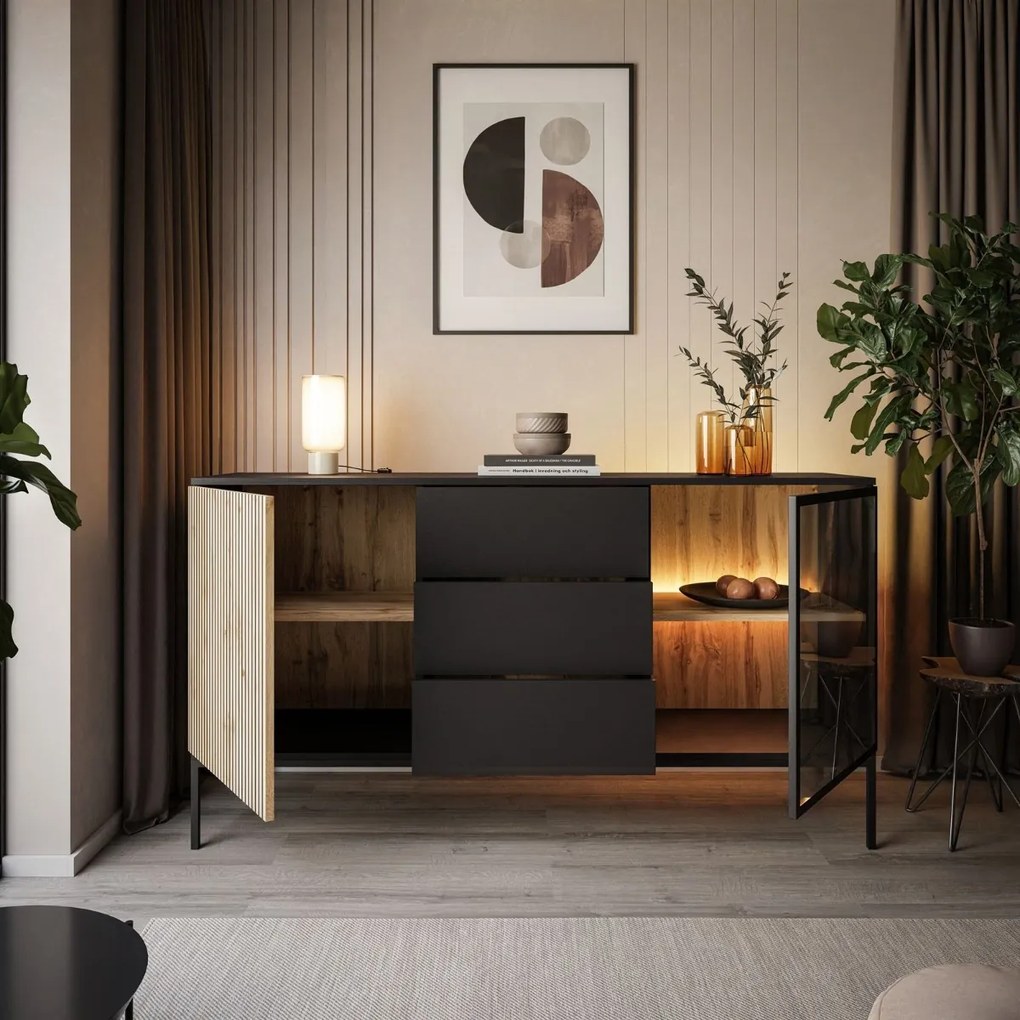 KOMODA ALESSIO 154 cm DUB WOTAN / ČIERNA LED ŠUPLÍKY