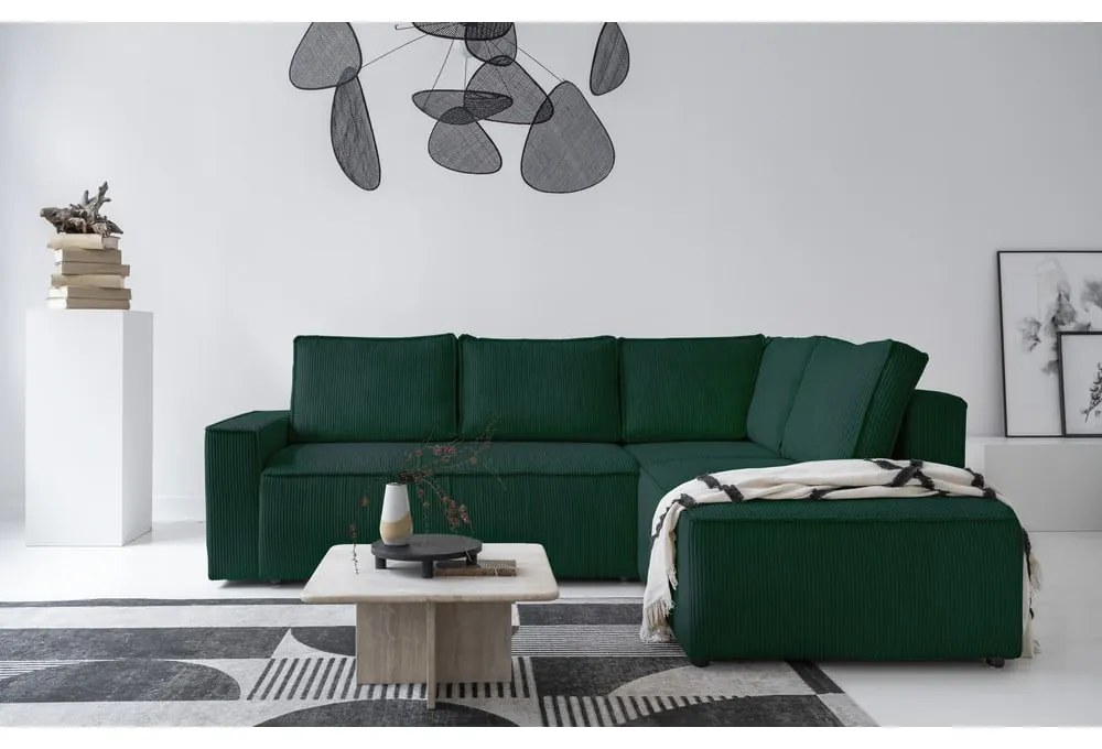 Tmavozelená menčestrová rozkladacia rohová pohovka (pravý roh) Brave Dave – Miuform