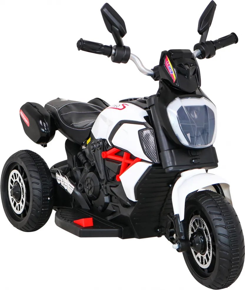 Ramiz Motorka Fast Tourist na batérie pre deti biela + audio + svetlá + ekokoža