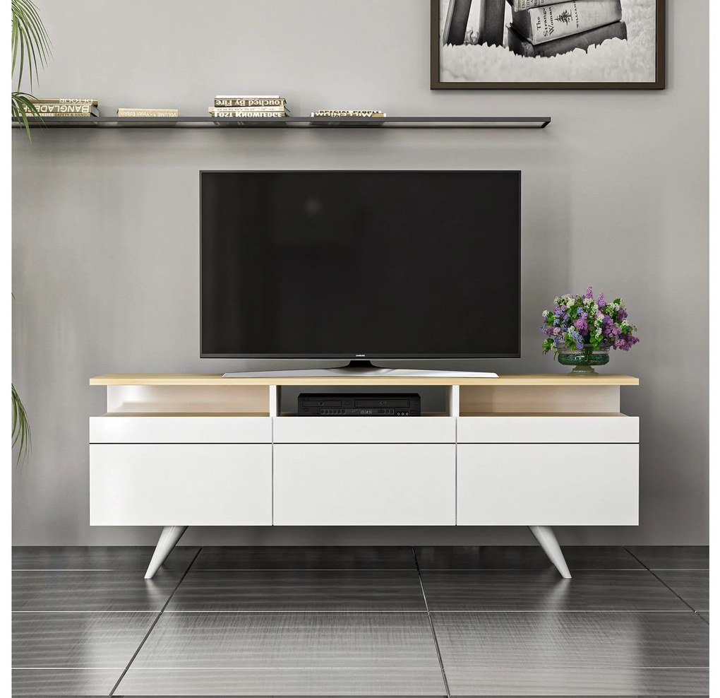 TV stolík/skrinka Vulema 2 (dub + biela) . Akcia -18%. Vlastná spoľahlivá doprava až k Vám domov. 1095468