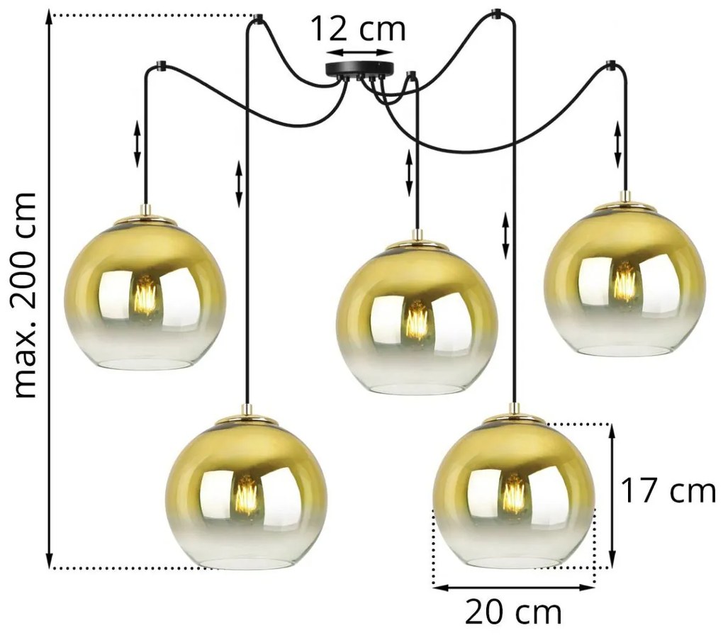 Závesné svietidlo Bergen Gold Spider, 5x zlaté/transparentné sklenené tienidlo (fi 20cm)