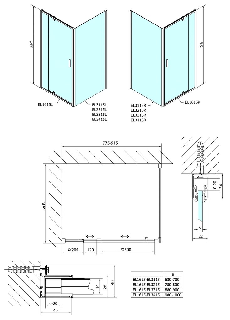 Polysan Polysan, Easy Line obdĺžniková sprchová zástena pivot dvere 800-900x700mm L/P varianta, EL1615EL3115