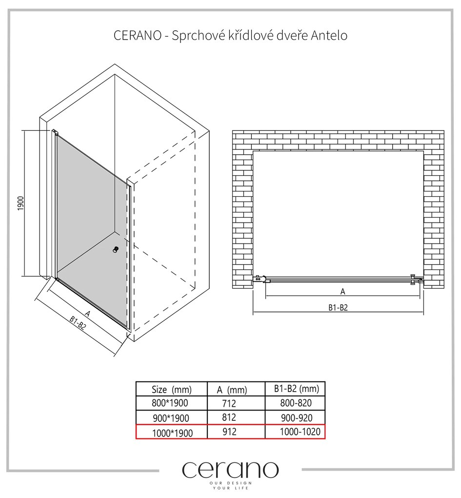 Cerano Antelo, 1-krídlové sprchové dvere 100x190 cm, 6mm číre sklo, čierny profil, CER-CER-432385