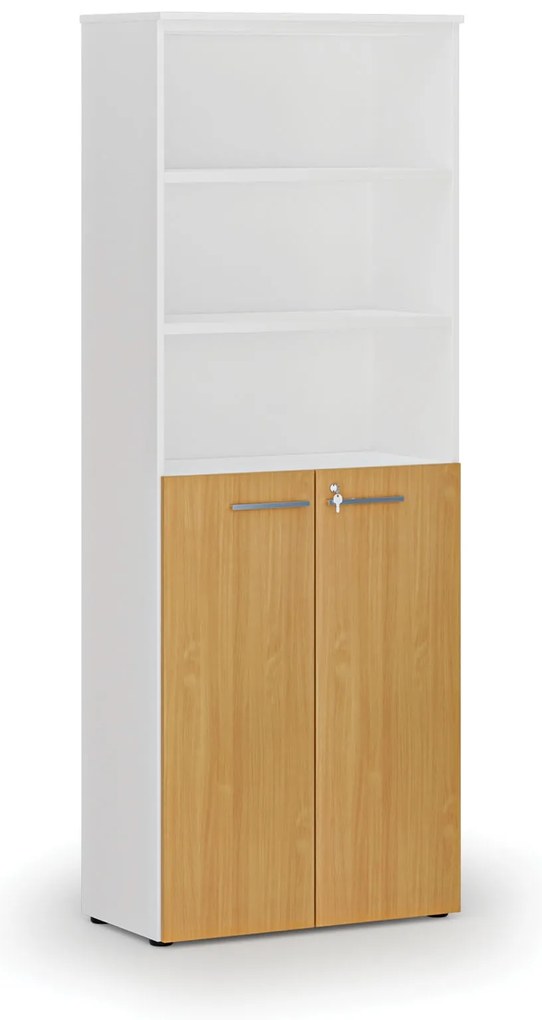 Kombinovaná kancelárska skriňa PRIMO WHITE, dvere na 3 poschodia, 800 x 420 x 2128 mm, biela/buk