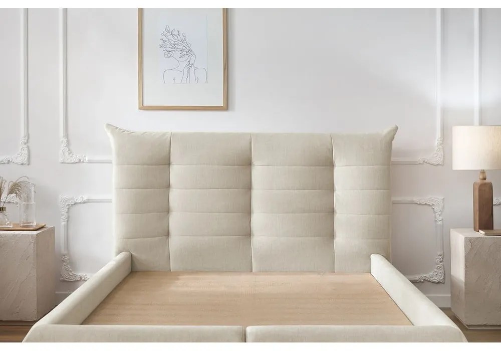 Béžová čalúnená dvojlôžková posteľ s úložným priestorom s roštom 160x200 cm Clothilde – Bobochic Paris