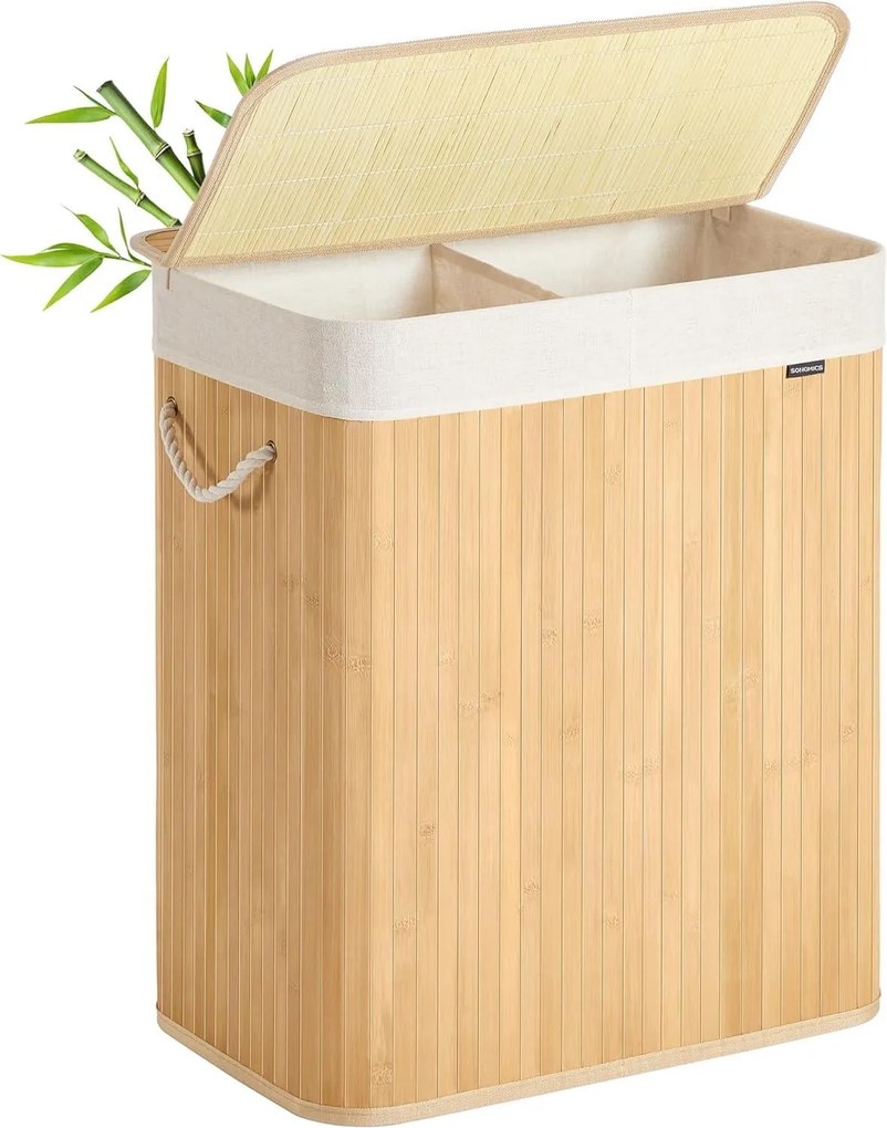 Prádlový kôš s 2 priehradkami, 100 l, s viečkom, prírodná farba