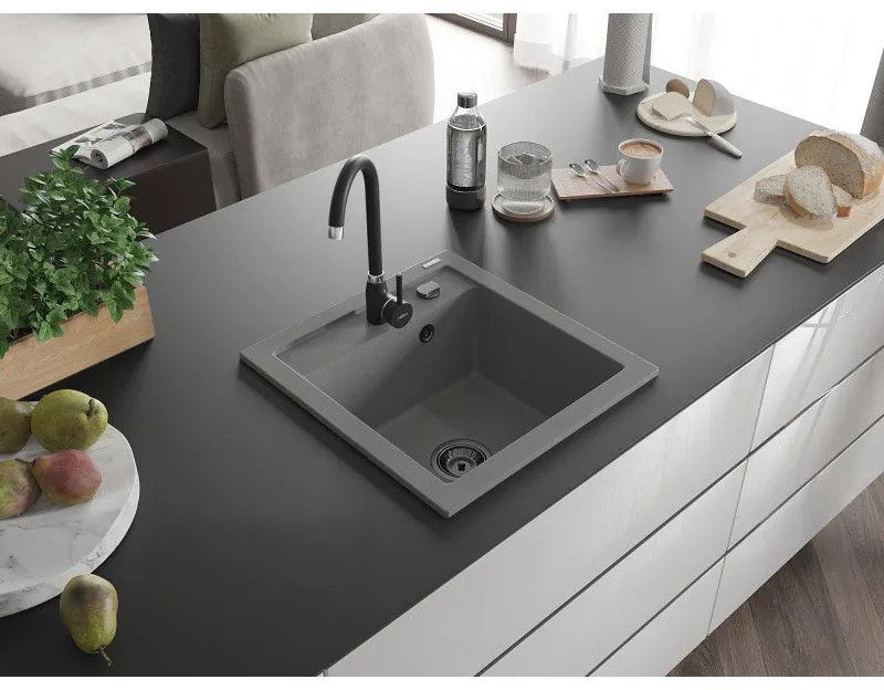 Mexen Vito, granitový drez 520x490x210 mm, 1-komorový, šedá s čiernym sifónom, 6503521000-71-B