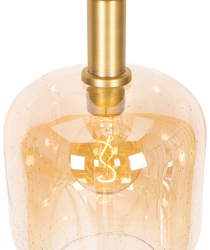 Dizajnové závesné svietidlo čierne s mosadzou a jantárovým sklom - Zuzanna