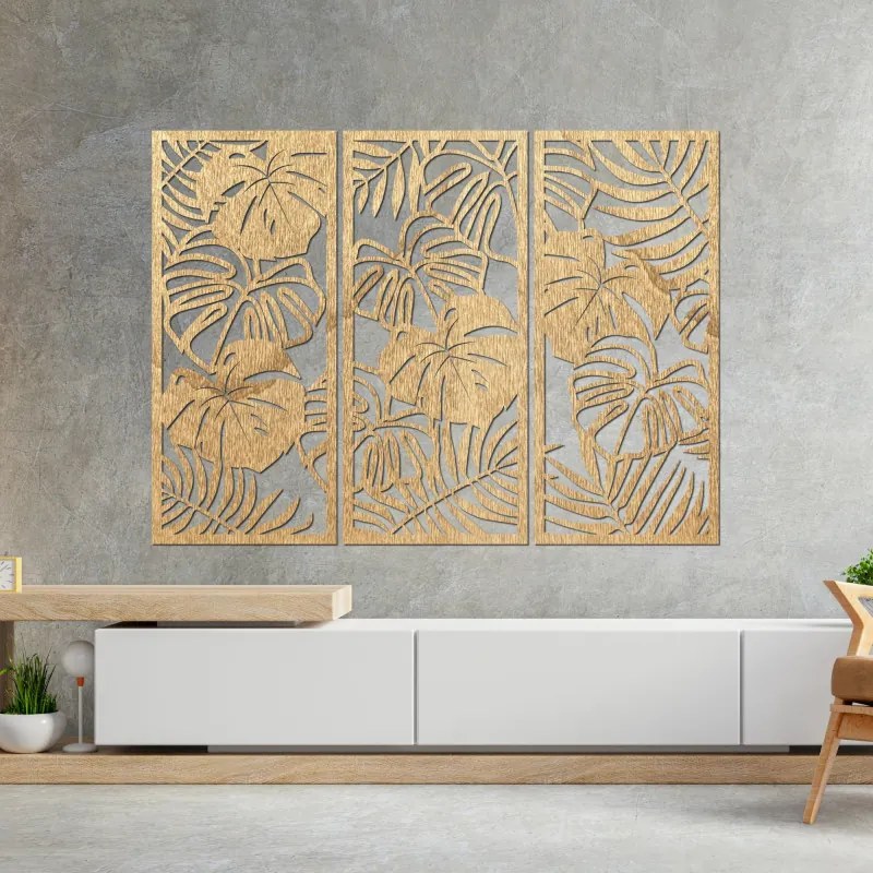 Trojdielny obraz na stenu s listom monstera 3D dekorácia | SENTOP PR0533