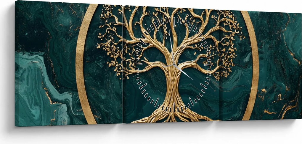 Obraz – Zlatý strom života v mramore (s hodinami) (90x30 cm)
