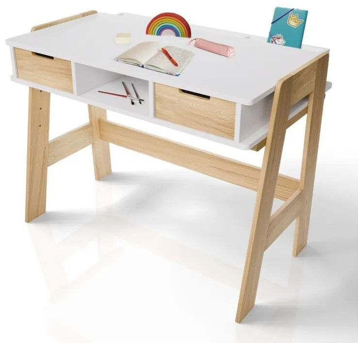 Detský písací stôl biely, výškovo nastaviteľný, úložný pries