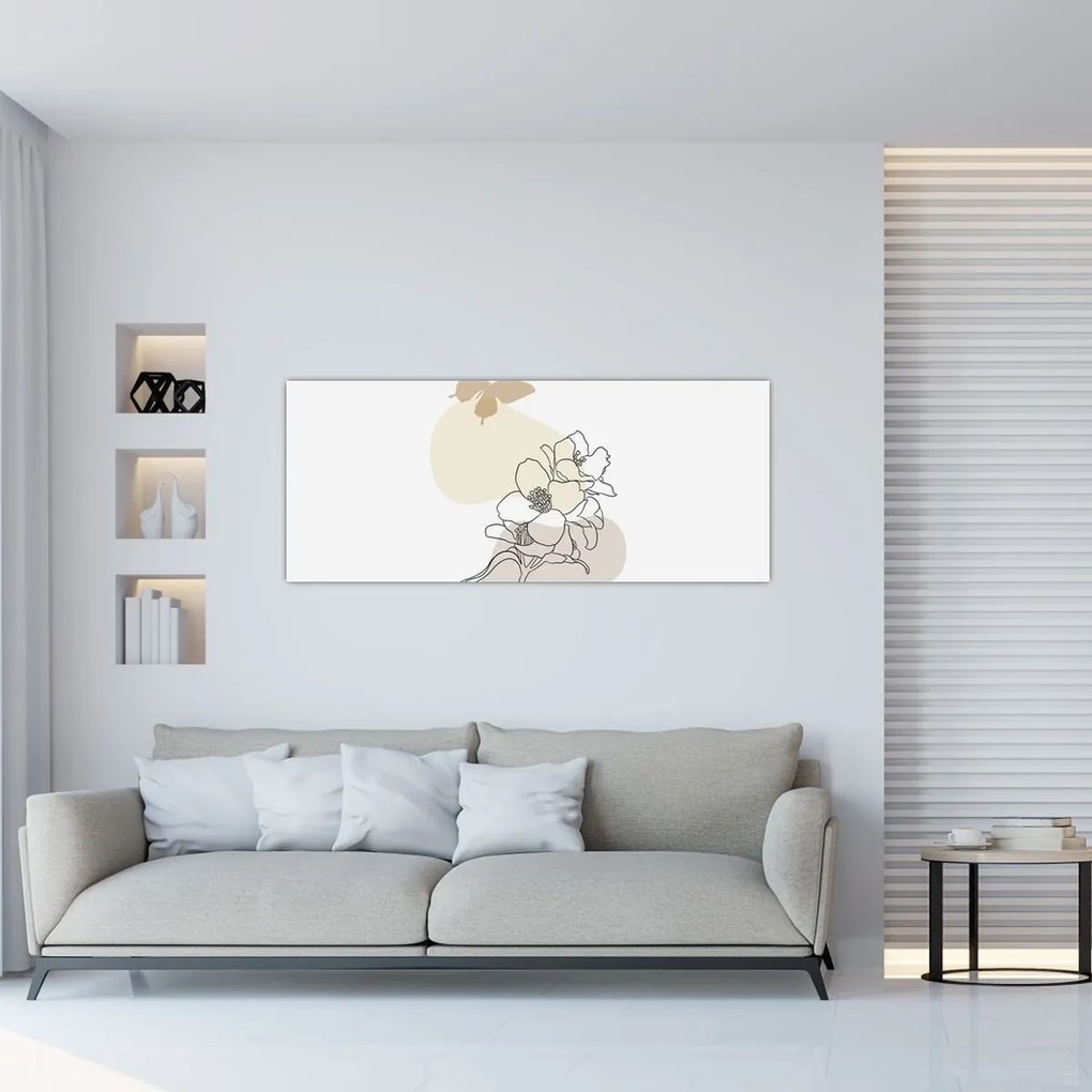 Obraz - Béžové kvety s motýľom N⁰3 (120x50 cm)