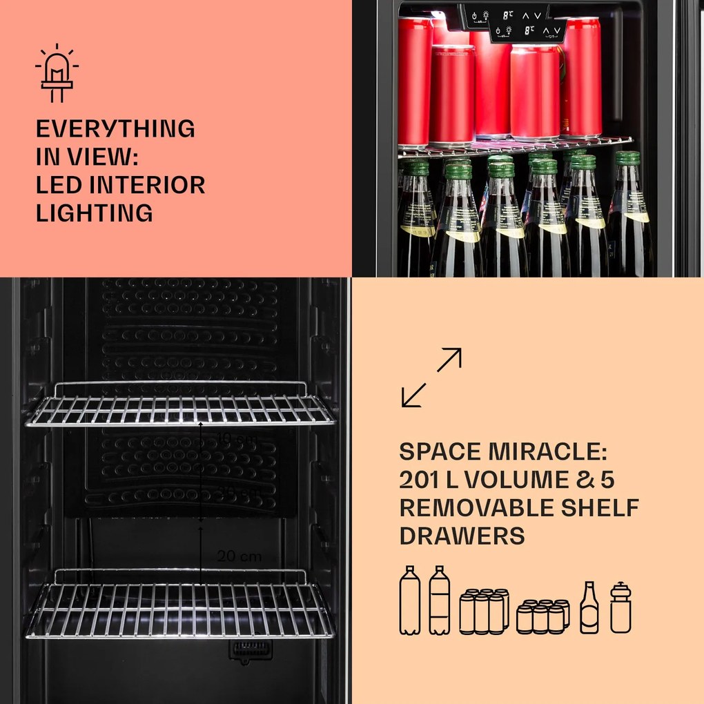 Klarstein Beersafe 6XL, chladnička na nápoje, 201 l, 0-10°C, sklo, energet. trieda G, nehrdzavejúca oceľ