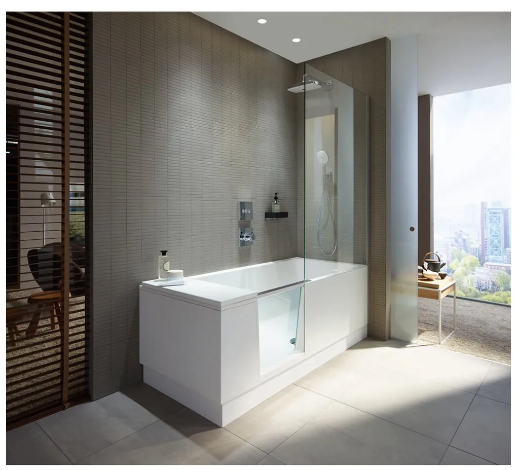 Duravit Shower + Bath - Vaňa so sprchovým kútom do pravého rohu 1700x750 mm, s panelom a nohami, biela/číre sklo 700404000000000