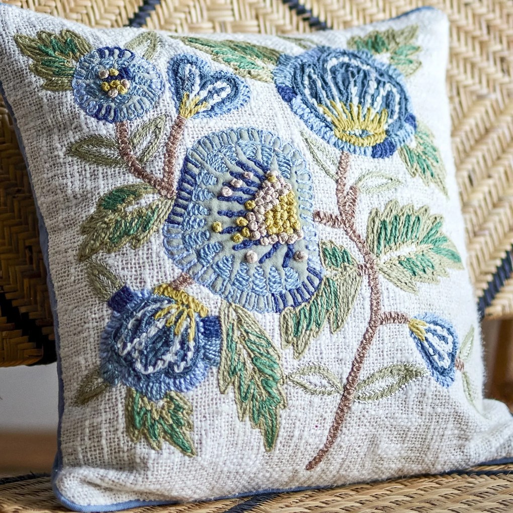 Bloomingville Dekoratívny vankúš s výšivkou Hanna Blue 45 × 45 cm