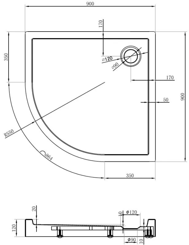 Mexen Flow+, štvrťkruhová sprchová vanička 90 x 90 cm, čierna matná, 46Q709090H