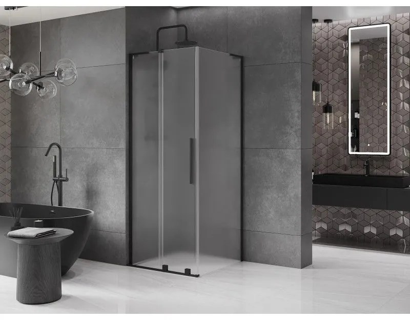 Mexen Velar L, sprchový kút s posuvnými dverami 90 x 90 cm, 8mm sklo námraza, čierna matná, 871-090-090-33-70