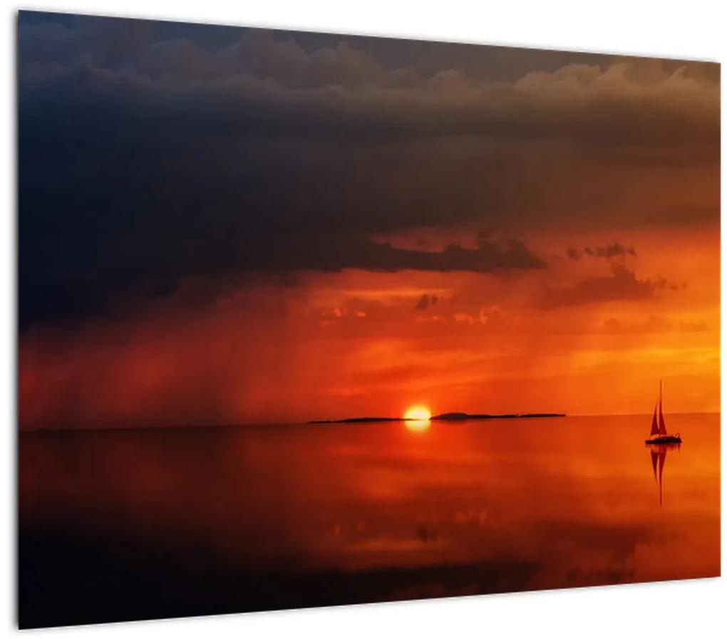 Sklenený obraz západu slnka s plachetnicou (70x50 cm)