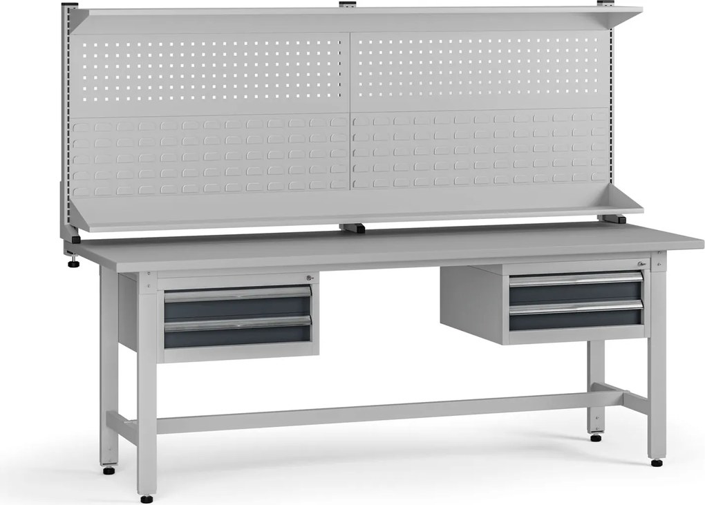 Výškovo nastaviteľný dielenský stôl G5 s nadstavbou, 2100 x 750 x 800-1000 mm, 2x kontajner, 4 zásuvky, grafit