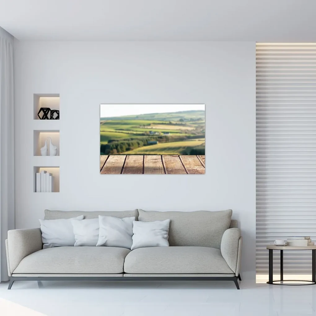 Obraz - Drevená polica s krajinou (90x60 cm)
